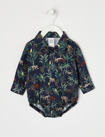Teeny Weeny All Dressed Up Jungle Woven Bodysuit, Navy product photo