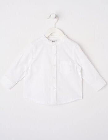 Teeny Weeny Linen Blend Long-Sleeve Woven GPA Neck Shirt, White product photo