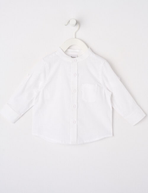 Teeny Weeny Linen Blend Long-Sleeve Woven GPA Neck Shirt, White product photo