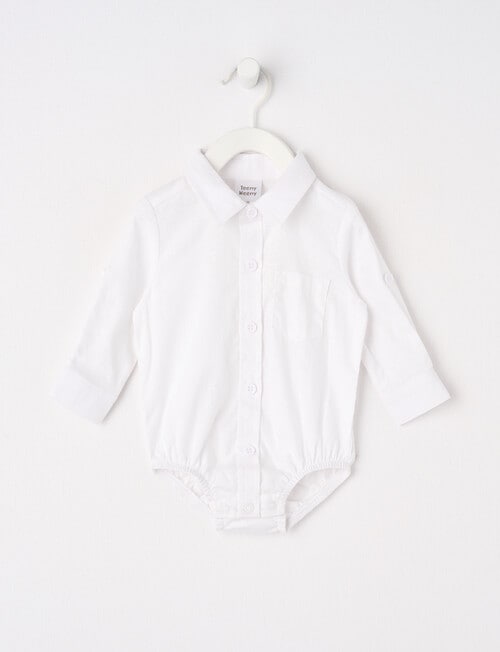 Teeny Weeny Linen Blend Long-Sleeve Woven Bodysuit Shirt, white product photo