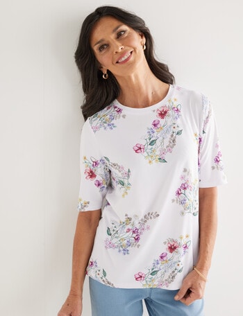 Ella J Vintage Print Elbow Sleeve Tee, White product photo