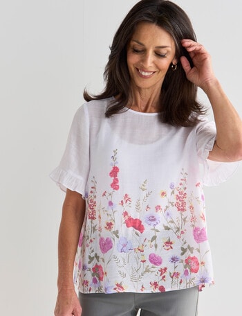 Ella J Ruffle Sleeve Border Print Top, White product photo