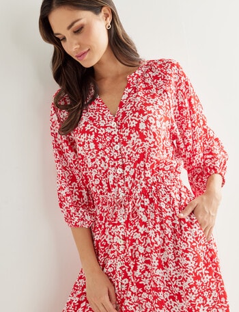 Whistle Floral Tie Waist Shirt Dress, Red & White product photo
