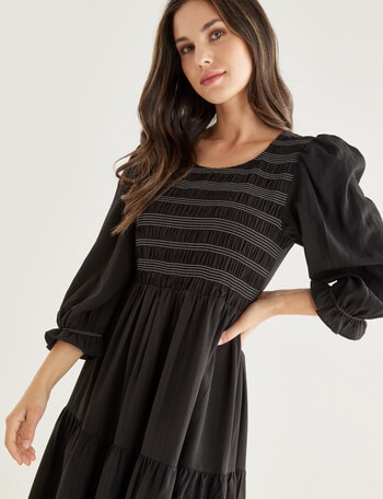 Whistle Shirred Front Midi Length Dress, Black product photo