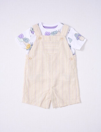 Teeny Weeny Stripe Snail Print Shortall & Tee, 2-Piece Set, White & Parchment product photo