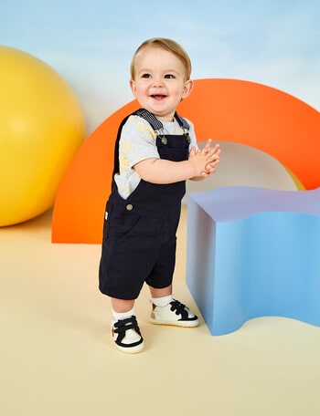 Teeny Weeny Digger Print Woven Shortall & Tee, 2-Piece Set, Grey Marle & Navy product photo