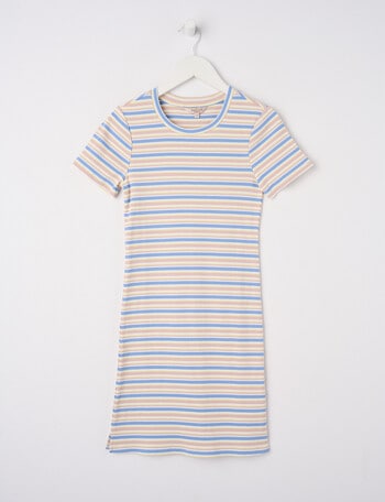 Switch Stripe Yarn Dye Rib Short Sleeve Dress, Natural & Blue product photo