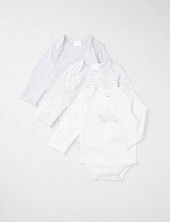 Teeny Weeny Stretch Cotton Long-Sleeve Bodysuit, 3-Piece, Grey Marle & White product photo