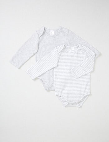 Teeny Weeny Stretch Cotton Long-Sleeve Bodysuit, 2-Piece, Grey Marle & White product photo