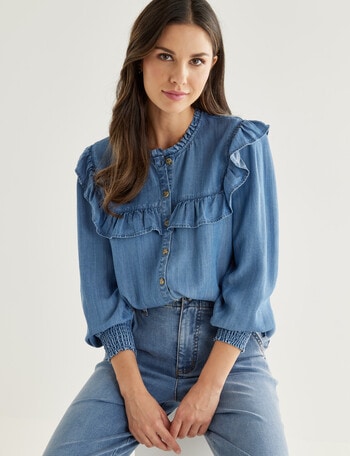 Whistle Ruffle Blouse Long Sleeve, Denim product photo