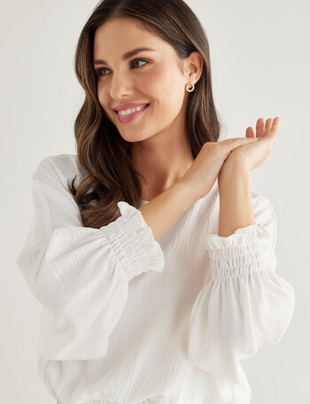 Whistle Shirred Hem 3/4 Sleeve Top, Ivory product photo