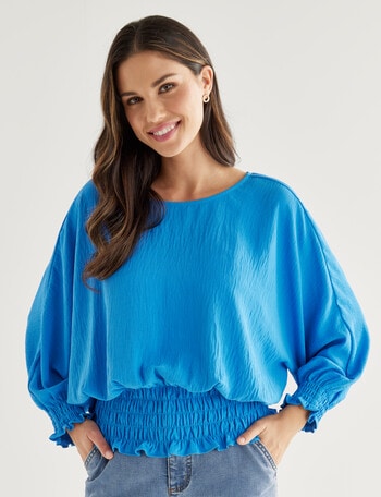 Whistle Shirred Hem 3/4 Sleeve Top, Azure product photo