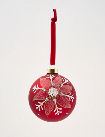 Christmas Shop Mistletoe Meadow Poinsettia Snowflake Glass Bauble, Red product photo