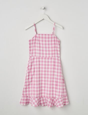 Switch Gingham Frill Hem Linen Blend Dress, Fondant Pink product photo