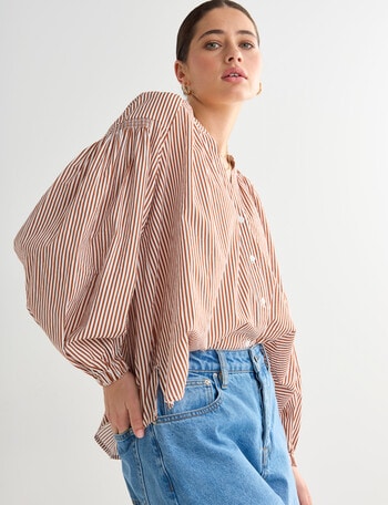 Mineral Stripe Lola Blouson Sleeve Shirt, Chocolate product photo