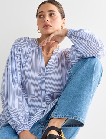 Mineral Stripe Lola Blouson Sleeve Shirt, Blue product photo