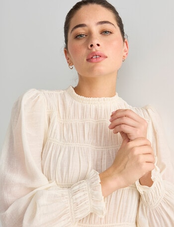 Mineral Bobby Smocked Long Blouson Sleeve Top, Ivory product photo