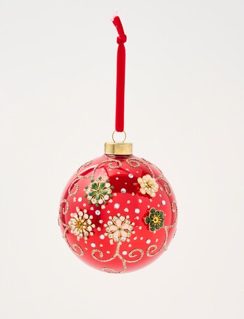 Christmas Shop Mistletoe Meadow Floral Beaded Glass Bauble, Red product photo