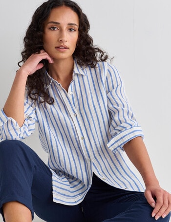 Zest Essential Linen Stripe Long Sleeve Shirt, Blue & White product photo