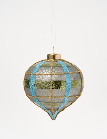 Christmas Shop Woodland Wonders Glass Olive Plaid Onion Bauble, Blue product photo