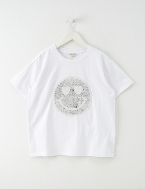 Switch Flip Sequin Smiley Short Sleeve Oversize Tee, White product photo View 02 L