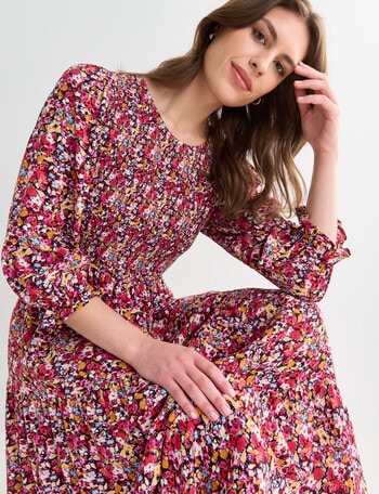 Whistle Multi Floral 3/4 Sleeve Shirred Midi Dress, Pink product photo