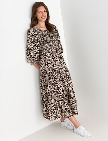 Whistle Animal Print 3/4 Sleeve Shirred Midi Dress, Beige product photo