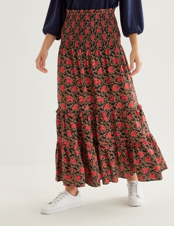Whistle Shirred Waist Midi Skirt, Rose Print product photo