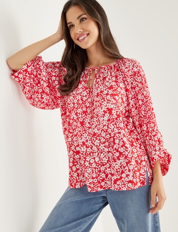 Whistle Floral 3/4 Sleeve Peasant Blouse, Red & White product photo