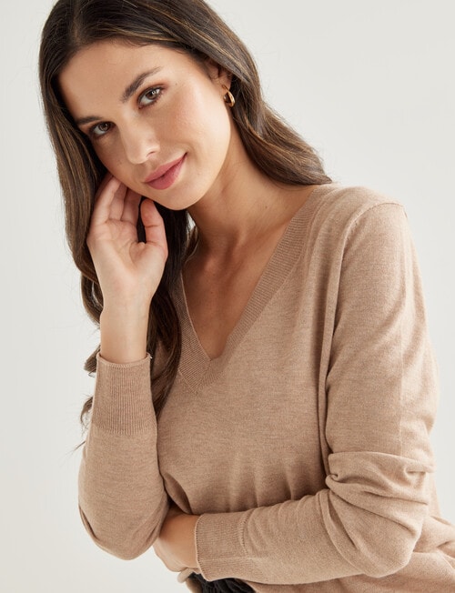 Whistle Lightweight Knitted V-Neck Jumper, Camel product photo View 04 L