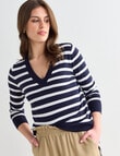 Whistle Lightweight Stripe V-Neck Jumper, Midnight & Ivory product photo