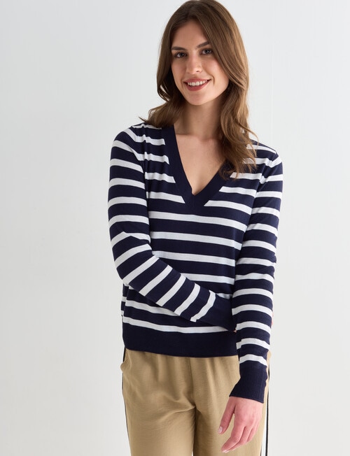 Whistle Lightweight Stripe V-Neck Jumper, Midnight & Ivory product photo View 05 L