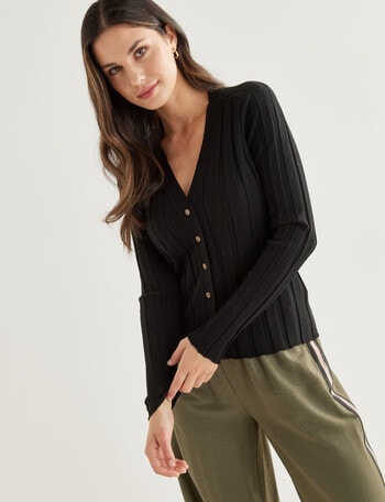 Whistle Rib Cardi Long Sleeve V-Neck, Black product photo