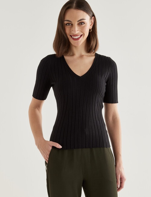 Oliver Black Short Sleeve V-Neck Rib Top, Black product photo View 04 L