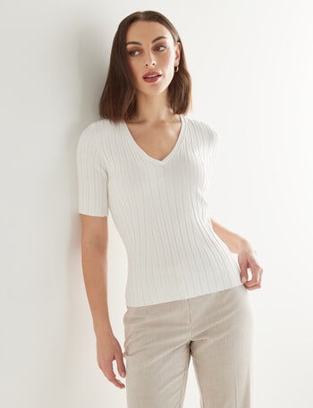 Oliver Black Short Sleeve V-Neck Rib Top, Ivory product photo