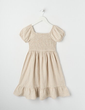 Switch Gingham Linen Blend Puff Sleeve Shirred Dress, Natural & White product photo