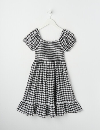 Switch Gingham Linen Blend Puff Sleeve Shirred Dress, Black & White product photo