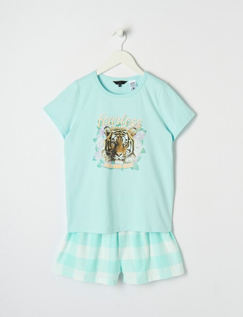 Sleep Squad Fearless Tiger, Knit Woven Short PJ Set, Mint, 8-16 product photo