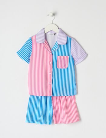 Sleep Mode Printed Stripe Satin PJ Set, Pink & Blue, 2-8 product photo