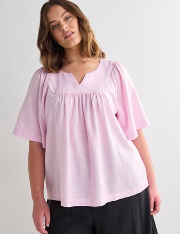 Studio Curve Stripe Linen Blend Notch Neck Floaty Sleeve Top, Blush product photo