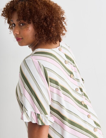 Studio Curve Stripe Button Back Frill Short Sleeve Top, Sage & Pink product photo