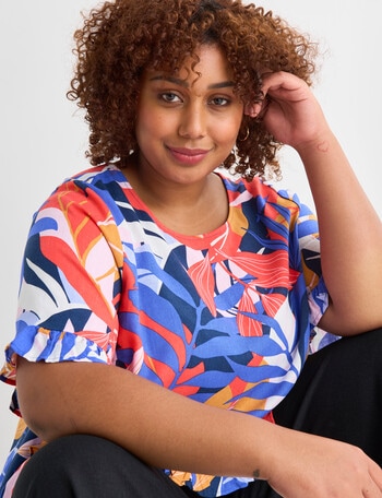 Studio Curve Graphic Leaf Print Frill Trim Top, Blue & Orange product photo