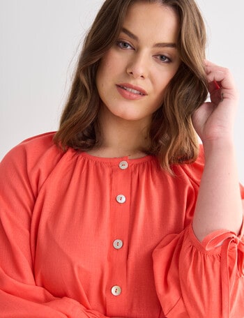 Studio Curve Linen Blend Button Front Tie Sleeve Top, Coral product photo