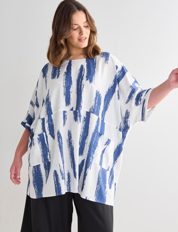 Studio Curve Brush Stroke Linen Blend Pocket Front Tunic, Blue product photo