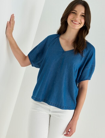 Zest Lyocell V-Neck Puff Sleeve Top, Mid Wash Blue product photo