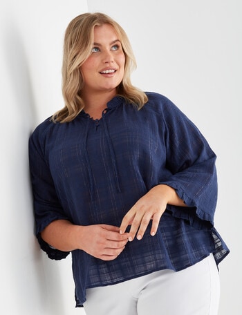 Studio Curve Ruffle Neck Top with Sparkle Yarn, Navy product photo