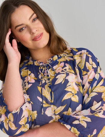 Studio Curve Floral Frill Collar Blouse, Navy & Mustard product photo
