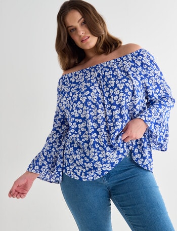Studio Curve Ditsy Floral Gather Neck Top, Blue product photo