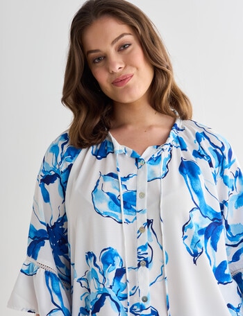 Studio Curve Floral Bell Sleeve Shirt, Blue &White product photo