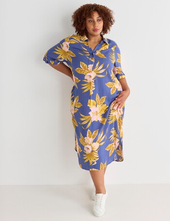Studio Curve Tropical Floral Oversized Shirt Dress, Mustard & Navy product photo
